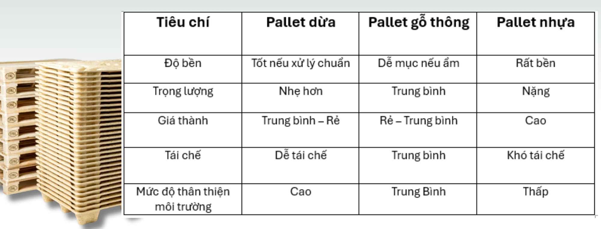 Pallet Dừa Đa Năng - Giải Pháp Xanh Cho Doanh Nghiệp 5 Tiêu chí đánh giá giữa các loại pallet